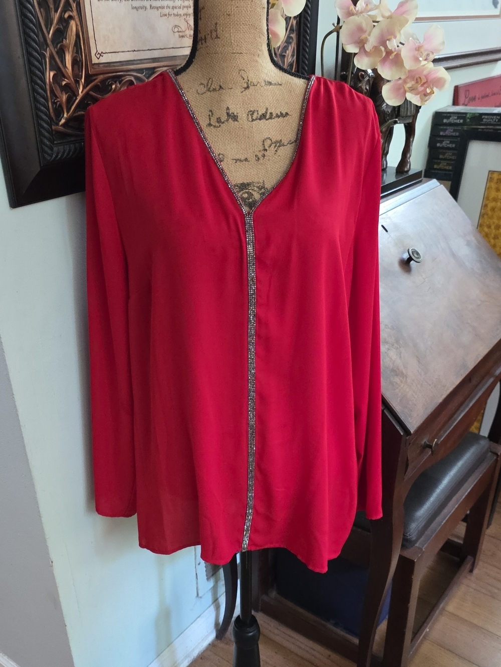 Liz Claiborne Red V‑Neck Long Sleeve Top with Beaded Trim